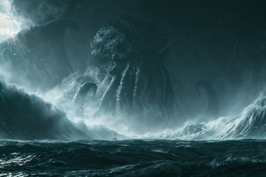 Cthulhu Emerging from the Sea Amid Colossal Storm Waves as a Tiny Ship Faces the Ancient Horror