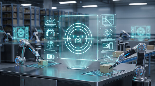 Advanced industrial workspace with robotic arms and a complex holographic interface for coordinating drone delivery routes in a futuristic warehouse environment