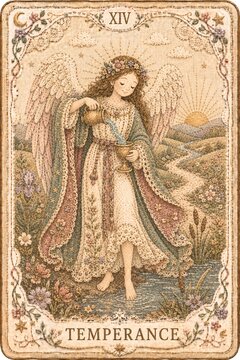 Temperance Tarot Card in Whimsical Embroidered Vintage Storybook Style