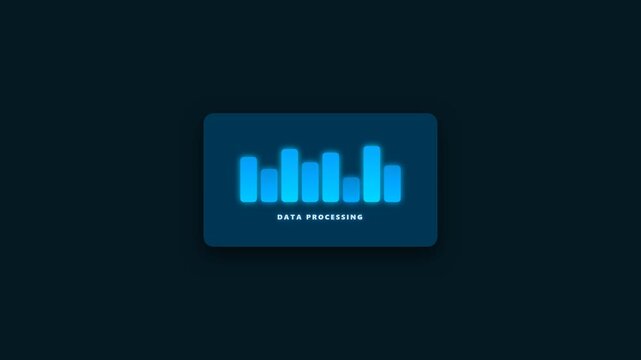 Digital data processing animation on a dark blue screen, showing a dynamic, glowing blue bar graph for technology, business, and financial analysis concepts