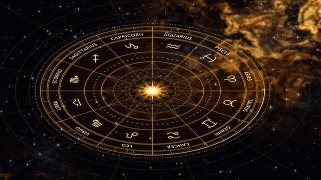 Golden zodiac wheel astrology chart with twelve star signs
