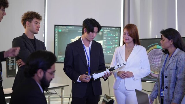Asian engineer in suit hands a bionic robotic arm to a woman in white blazer as colleagues look on around the table, at a key moment of the test, a humanoid robot engineering concept