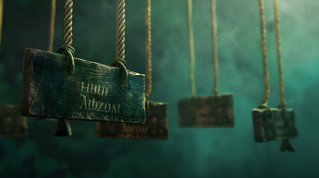 Text labels suspended by ropes in underwater misty atmosphere with Wooden signs text hang ropes dim underwater setting illustration atmospheric environment artificial with submerged