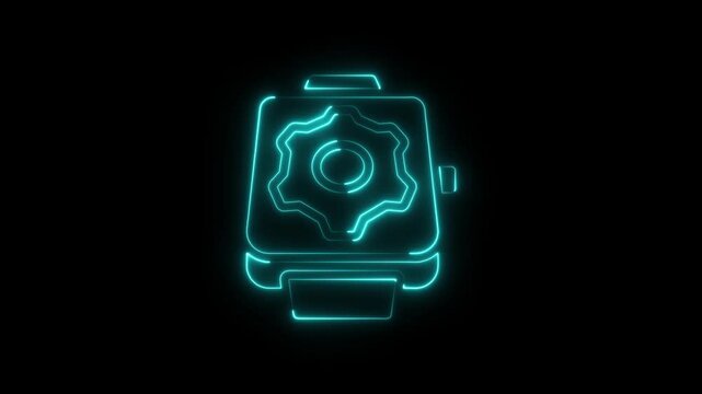 Glowing neon blue smartwatch icon with a gear symbol representing technology settings and digital device configuration on a black background