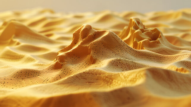 Golden sand dunes with flowing waves and smooth textures in three dimensional desert landscape with Sand forms intricate dunes soft undulating waves illustration environment