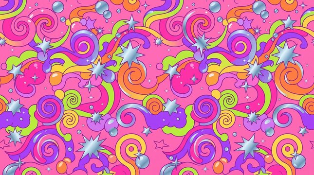 Seamless Y2K retro pattern with colorful swirls and metallic stars