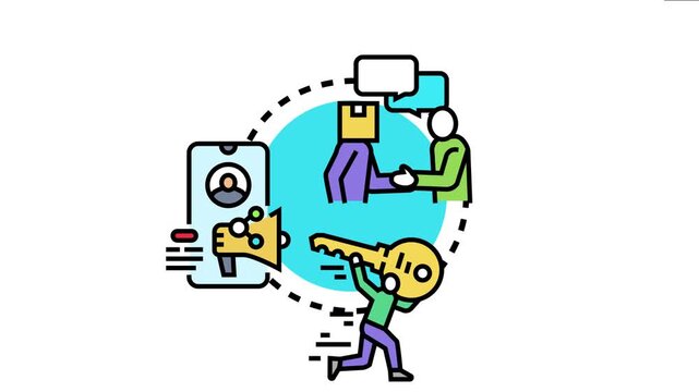 People developing mutual organization brand identity, promoting services with a megaphone, connecting with partners through a handshake, and unlocking solutions with a key