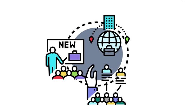 Mutual organization creating global brand identity, with an instructor presenting a new concept to a diverse team collaborating and connecting across different locations