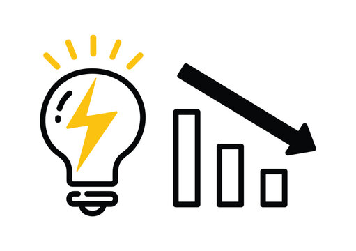 Declining Idea Trend. An icon of a glowing lightbulb symbolizing an idea is juxtaposed with a declining bar chart, illustrating a downward trend in innovation or a decrease in good ideas.
