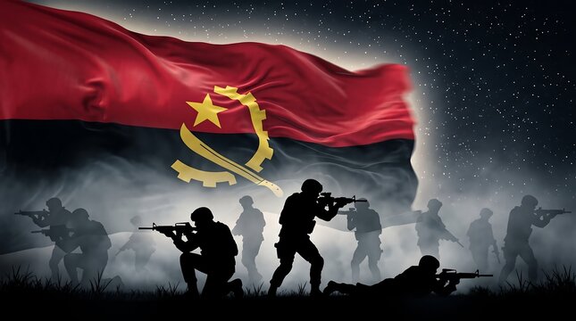 Silhouette of infantry soldiers in fog with Angola flag over a starry night sky background