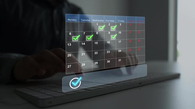 Digital task management with checkmark, workflow optimization and project planning. Corporate productivity, document review and business process automation concept.	

