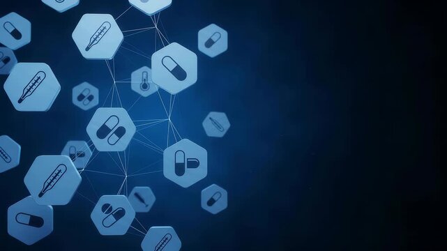 Abstract 3D medical icons representing pharmaceuticals and healthcare floating on a dark blue background.