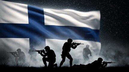 Obraz premium Silhouetted soldiers with rifles against waving Finland flag in foggy night landscape under starry sky