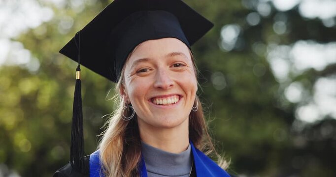 College, woman and student with face for graduation, award and milestone for education goals. Portrait, park and person with ceremony, degree and success for achievement and university diploma