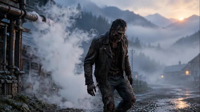 Halloween zombie walking through a foggy mountain village at sunset with cinematic atmosphere