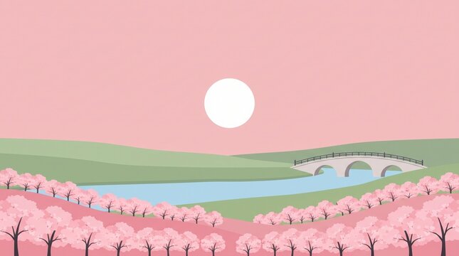 Japanese spring landscape featuring blooming cherry blossom trees lining a calm river under a soft pink sunset sky with traditional bridge architecture and gentle green hills in the distance