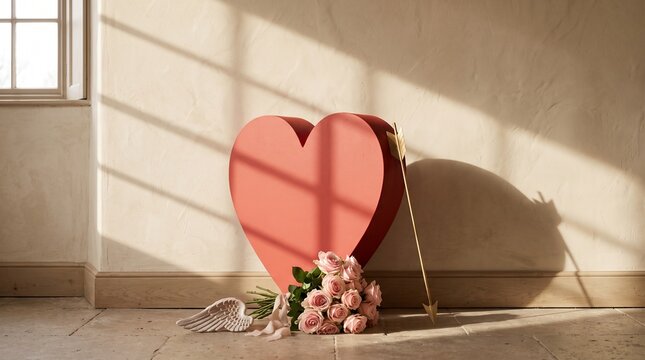 A beautiful pink heart stands prominently with a Cupid's arrow and a delicate bouquet of roses on a warm, sunlit floor, symbolizing love and romance for Valentine's Day