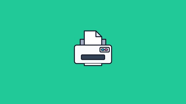 Animated printer icon printing a document on a solid green background