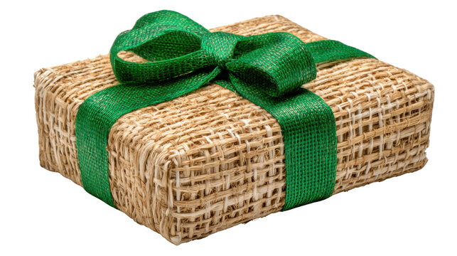 Handmade gift box wrapped in natural raffia paper with green ribbon bow representing eco friendly sustainable present isolated on white background