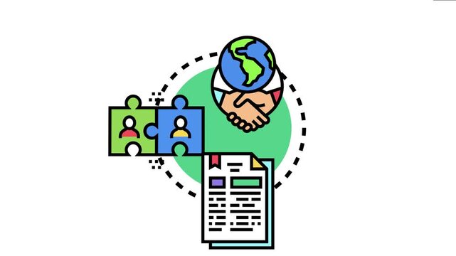 Mutual cooperation agreement concept visualizing global partnership, teamwork, and business integration through a handshake, earth globe, interlocking puzzle pieces, and a signed document