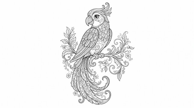 Ornamental Parrot Detailed Line Art Illustration