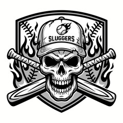 Fototapeta premium A striking logo design featuring a skull with crossed baseball bats and flames, symbolizing intensity, competitiveness, and a fierce spirit in the world of sports.
