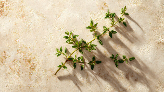 Thyme sprig placed delicately upon a rustic stone surface under soft ambient light.