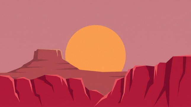 Minimalist desert landscape illustration featuring geometric red rock formations under a massive warm glowing orange sun during a serene minimalist vector sunset art style graphic design concept