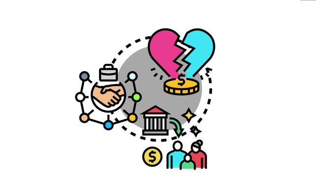 Mutual benefit partnership concept showing various elements like a broken heart mended with money. A network handshake. And a financial institution bringing services to people