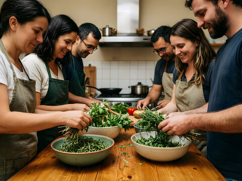 A small group of fictional adults across two generations checking the practical result after sorting fresh local herbs into separate bowls for regional food heritage and participatory travel; slow