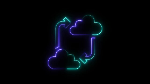 Neon blue and purple glowing cloud sync icon with arrows for data transfer and cloud storage concepts