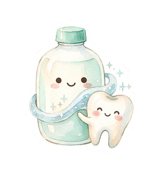 Cute Tooth Hugging Mouthwash Bottle with Sparkling Dental Care Elements Watercolor Sticker
