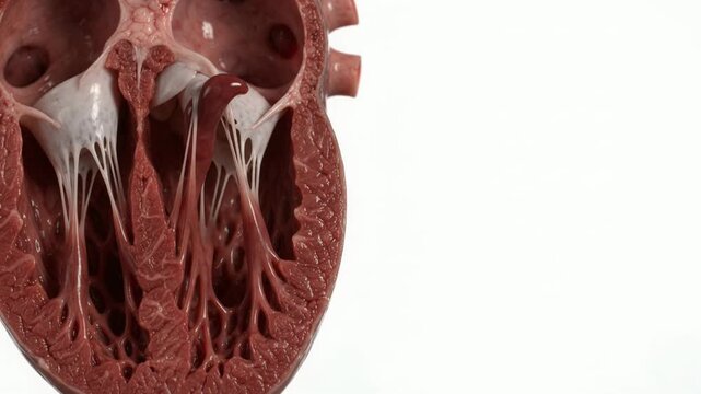 Detailed close-up video footage of a human heart anatomical model cross-section showing internal valves and chambers.