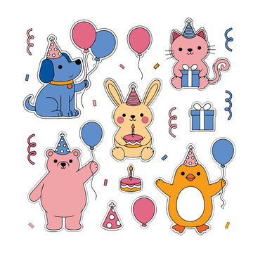 Cute Animal Characters Collection with Party Hats Balloons and Birthday Cakes for Decorative Sticker Sheet Designs