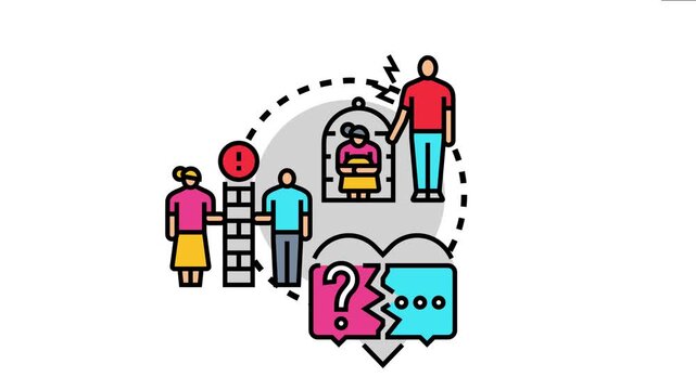 Mutuality concept showing a man supporting a distressed woman trapped in a cage and a broken speech bubble symbolizing communication breakdown, boundaries, empathy, and support