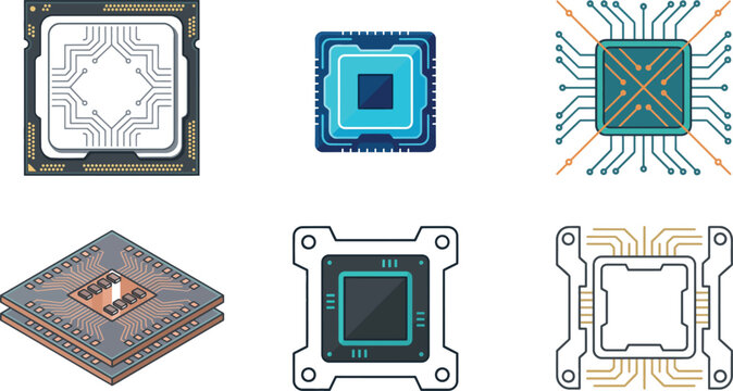 Computer CPU processor vector icon set featuring semiconductor microchips central processing units circuit lines and chipset sockets isolated on white