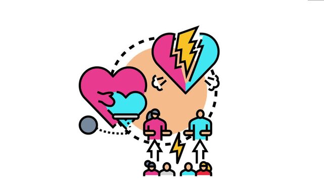 Mutuality concept showing different relationship stages, from conflict and broken connections, to support, care, and partnership, various forms of interaction and cooperation