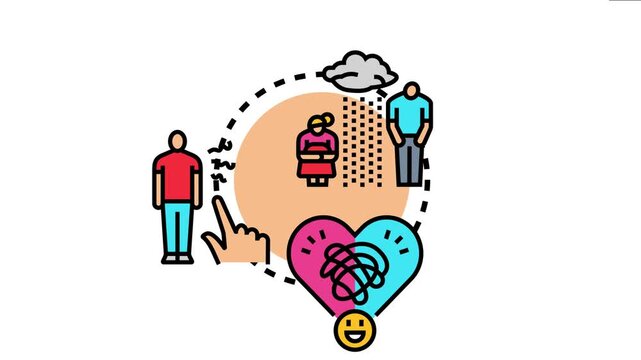 Individual experiencing emotional suppression and detachment, a person pointing at another, and a couple under a raining cloud symbolizing psychological distress and complex feelings