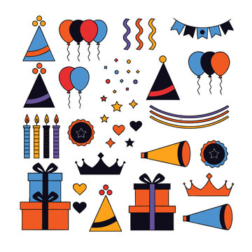 Assorted Birthday Celebration Party Elements and Festive Holiday Decorations Collection Sticker Set