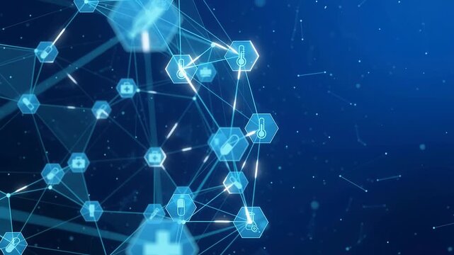 Abstract digital animation of a blue medical network sphere with healthcare icons and connecting plexus lines.