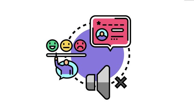 Muted customer welcome concept depicting a speaker icon with a cross, a feedback slider with emoticons, and customer profile details, symbolizing silent or ineffective user onboarding