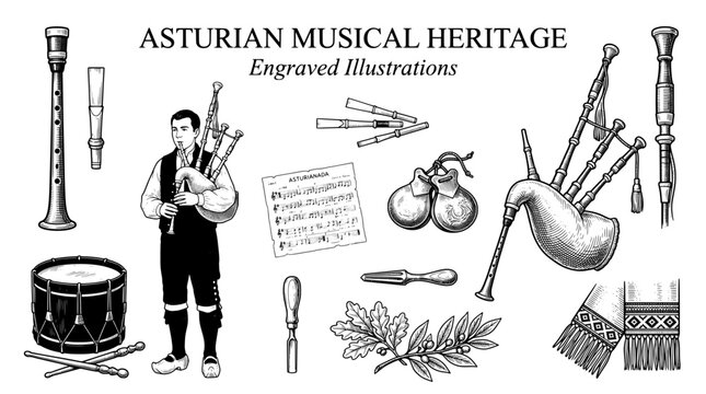 Asturian musical heritage features engraved illustrations of traditional instruments and musicians