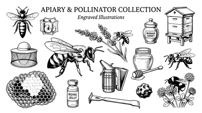 Apiary and pollinator collection features engraved illustrations of bees, honey, and related tools