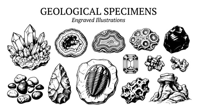 Engraved illustrations of geological specimens showcasing various minerals and fossils in detailed line art