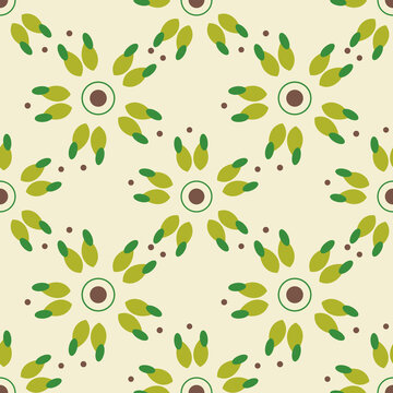 Green Leaf Rosette Seamless Pattern on Soft Cream Background