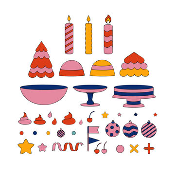 Retro groovy Christmas design elements with candles trees cakes and holiday decorations in vector illustration style