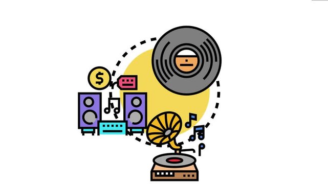 Music enthusiasts collecting and valuing vintage and modern audio equipment, including vinyl records, gramophones, speakers, and amplifiers with price tags and dollar signs