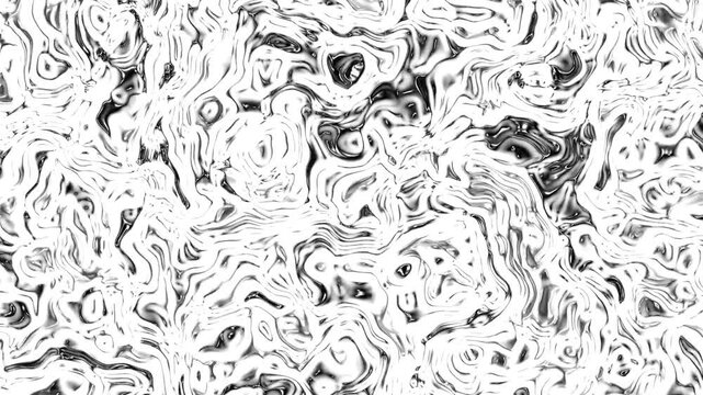 Abstract monochrome liquid topography pattern loop, flowing black and white hypnotic swirls, dynamic motion background for design overlays