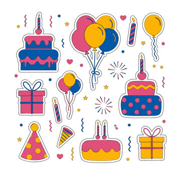 Colorful Party Celebration Sticker Set Featuring Festive Birthday Cakes Gift Boxes And Balloons For Joyful Greeting Card Decorations