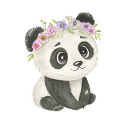 Cute watercolor panda - cute little baby panda with floral crown, pink purple flowers, green leaves. Illustration for nursery, baby shower, children card. © NATALIA